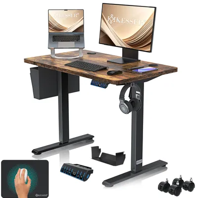 Produktbild von KESSER® Schreibtisch elektrisch & höhenverstellbar Computertisch Ergonomisch Stehen & Sitzen 3-Memory 360° Rollen USB-Ladeanschluss 100x60cm Braun