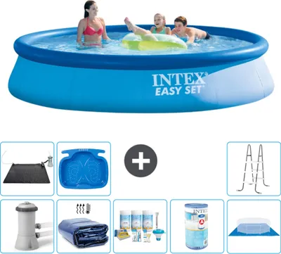 Produktbild von Intex runder aufblasbarer Easy Set-Schwimmpool – 396 x 84 cm – Blau – inklusive Pumpe Sonnensegel - Wartungspaket - Filter - Bodenplane - Solarmatte - Leiter