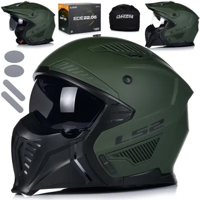 A collage of images showing a green modular motorcycle helmet and its accessories.