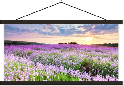 Produktbild von MuchoWow® Textilposter Lavendel - Blumen - Sonnenuntergang - Lila - Wiese 60x30 cm mit schwarzem Rahmen - Textilien