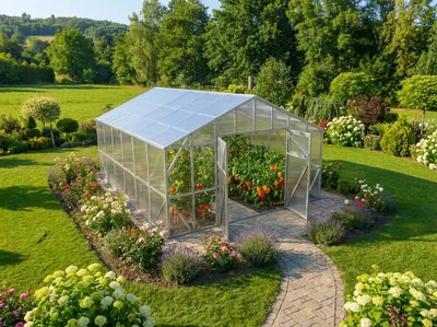 A greenhouse filled with plants in a garden setting.