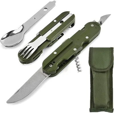 Imagen del producto de Juego de cubiertos plegables multifuncionales 5 en 1, de acero inoxidable, con estuche de almacenamiento, ideal para camping