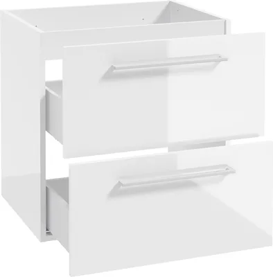 Produktbild von Waschtischunterschrank mit Metallgriffen in weiß, 60 cm breit mit 2 Schubkästen, in weiß Hochglanz lackiert MESSINA-107, B/H/T: ca. 60/60/40 cm