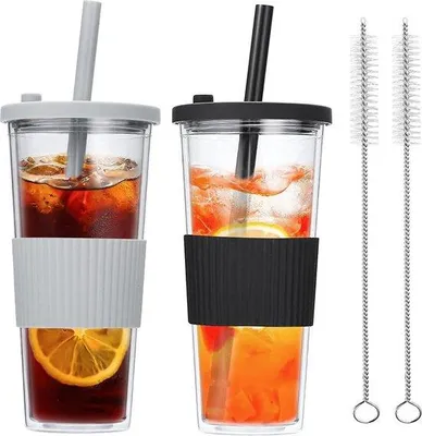 Produktbild von Isolierte Doppelwandbecher 24oz, wiederverwendbar, transparent, mit Deckel und Strohhalm