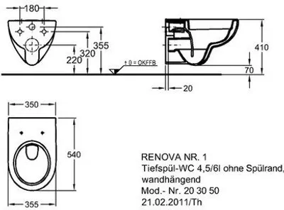 Produktbild von GEBERIT Wand-WC Renova Nr. 1 Renova Tiefspüler ohne Spülrand weiß glänzend KeraTect® Spezialglasur ohne WC-Sitz 203050600