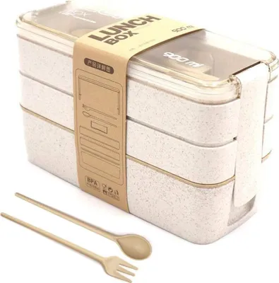 Produktbild von Brotdose, Brotdose 3 Schichten 900 ml, ökologische Bento-Box aus Weizenstroh, Bento-Box mit Gabel und Löffel, Bento-Box für Erwachsene und Kinder