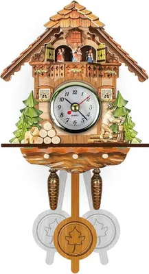 A cuckoo clock with carved wooden details, including figures in a balcony, trees, and a woodcutter.