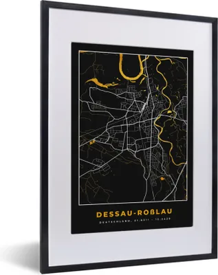 Produktbild von MuchoWow® Gerahmtes Poster Schwarz und Gold - Stadtplan - Desseau Roßlau - Deutschland - Karte 30x40 cm - Poster mit Schwarzem Bilderrahmen Wandposter Rahmen Foto Bilder - Wandposter Schlafzimmer