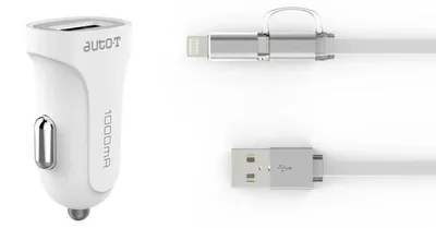 Immagine prodotto di Kit caricabatterie 12/24V per auto, modello AUTO-T, con cavo 2-in-1 micro-USB/iPhone