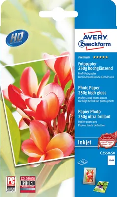 Zdjęcie produktu dla Avery C2550-50, Wysoki połysk, 250 g/m², Atramentowa, 10x15 cm, Biały, 50 ark.