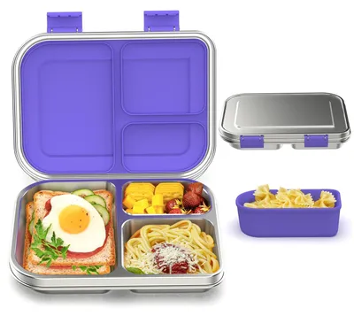 Edelstahl-Lunchbox für Kinder, 3 Fächer, auslaufsicher, lila