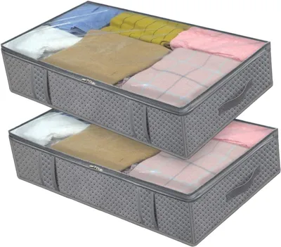 Produktbild von 2 Stück Aufbewahrungsboxen aus Vliesstoff für Kleidung und Decken mit Sichtfenster und Griffen, platzsparend für Zuhause