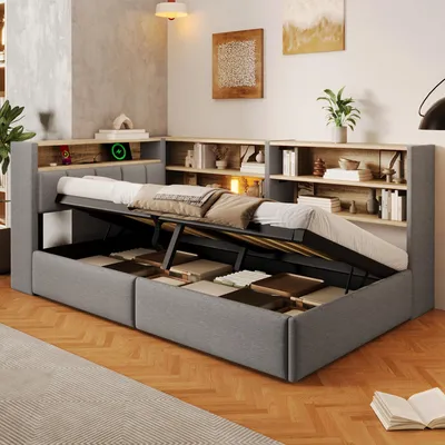 Immagine prodotto di Divano letto idraulico 90x200 cm con porta USB, letto imbottito singolo in ecopelle, divano letto per il giorno, letto per ospiti con contenitore, in velluto, colore grigio