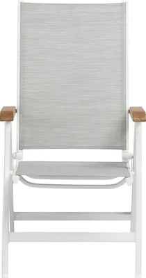 A front view of a white outdoor chair with light gray fabric and wooden armrests.