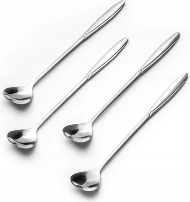 Image de Cuillères à café en forme de coeur avec long manche - Lot de 4 cuillères en argent élégant