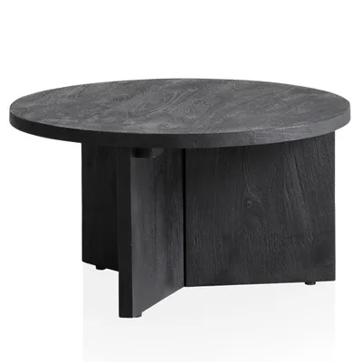 Produktbild von Couchtisch 60x60x33 cm Mango Massivholz Schwarz Sofatisch Rund, Design Wohnzimmertisch Dreibein, Kaffeetisch Wohnzimmer Niedrig Modern mit natürlicher Holzmaserung