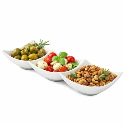 Obrázok produktu pre Servírovací tanier obdĺžnikový 31 cm biely – 3-dielny, porcelánová miska na dipy, miska na snacky, servírovací tanier na dipy a predjedlá