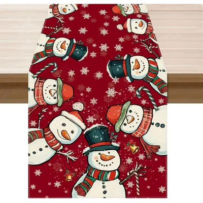 Obrázok produktu pre Vianočná obruska, červená, 40x140 cm, polyester, motívy snehuliaka a snehových vločiek