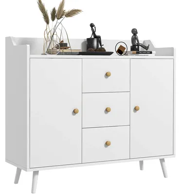 Immagine prodotto di HOMCOM Credenza Moderna in Legno con 3 Cassetti e 2 Armadietti a 2 Livelli, 90x32x80 cm, Bianco