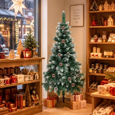 Produktbild von Peviasot Künstlicher Weihnachtsbaum 150 cm Grün mit 20 Tannenzapfen und Schnee-Effekt, 300 Zweigspitzen, PVC, Metallständer