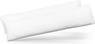 Two white body pillows are shown diagonally on a white background.