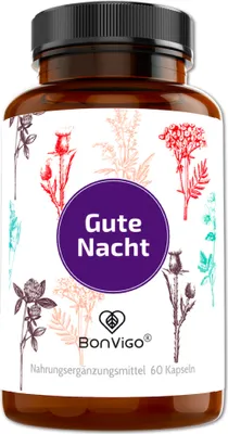 Produktbild von BonVigo® Gute Nacht - Die natürliche Formel - Natur-Komplex mit Ashwagandha Schlaf-Beere, Baldrian, Lavendel, Hopfen, Weißdorn - Tryptophan/Serotonin