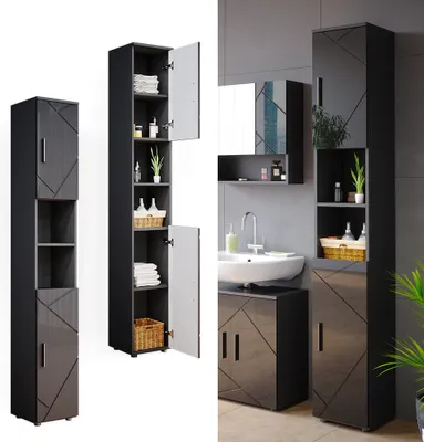 A collage of images showing a tall, narrow bathroom cabinet in an anthracite high-gloss finish with geometric detailing. One image shows the cabinet closed, another shows it open with shelves displaying towels and bottles, and the third shows it in a bathr