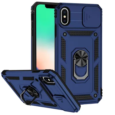 Obrázek produktu pro Pouzdro pro iPhone XS Max dvouvrstvé pouzdro s posuvným krytem kamery a prstencovým stojánkem modré