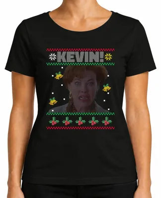 Imagen del producto de Kate McCallister, Kevin Alone at Home - Camiseta para mujer con diseño de suéter navideño feo, color negro, talla 3XL