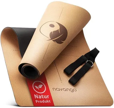 Produktbild von Yogamatte aus Naturkork – 183x61 cm, 4 mm – Rutschfest & antibakteriell – Mit Tragegurt und Ausrichtungslinien – Langlebige Matte für Yoga, Pilates, Fitness und Meditation