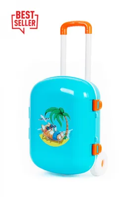 A blue toy suitcase with a cartoon image of a cat on a beach, with a retractable handle and wheels, set against a white background.