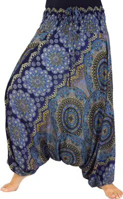 Produktbild von Afghani Hose, Overall, Jumpsuit, Haremshose, Pluderhose, Pumphose, Aladinhose - Dunkelblau/bunt, Damen, Viskose, Hosen