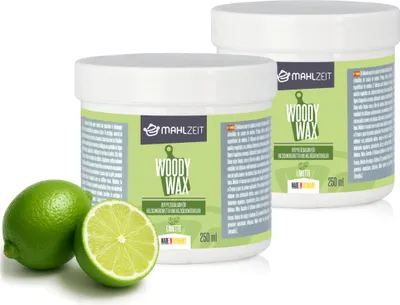 Produktbild von Mahlzeit WOODY WAX Holzpflege Set für Schneidebrett, 2x 250 ml, Limettenduft, 100% natürlich