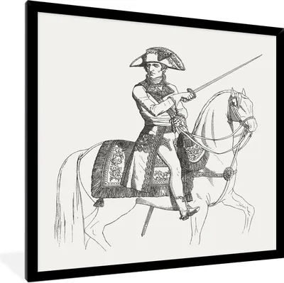 Produktbild von MuchoWow® Gerahmtes Poster Illustration von Napoleon Bonaparte auf einem Pferd mit einem weißen Hintergrund 60x80 cm - Poster mit Schwarzem Bilderrahmen Wandposter Rahmen Foto Bilder - Premium - Wanddeko Wohnzimmer