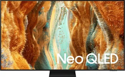 A Samsung Neo QLED television displaying a colorful abstract image.