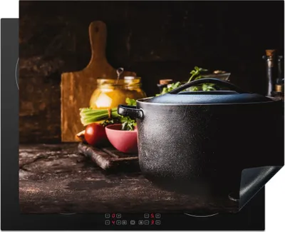 Produktbild von KitchenYeah© Herdabdeckplatte Rustikal - Stilleben - Pfanne - Gemüse , 65x52cm, Küche Deko, Glaskeramikkochfeld Herdabdeckung, Abdeckplatte fùr Kochfeld