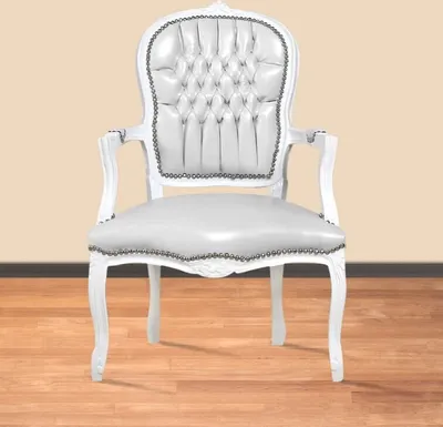 Produktbild von Barockstuhl Barock Stuhl Salon Salonstuhl Armlehne Weiß Kunstleder Esszimmer Wohnzimmer Büro Flur Schminkstuhl Klassisch Premium Luxus Modern Elegant