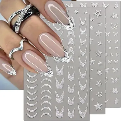 Produktbild von 3D Glitter Silber French Nail Sticker,8 Blätter Schmetterling Nagelsticker Selbstklebend Stern Nagelaufkleber Herz Nagel Stickers French Nails Wellen Linien Nail Art Stickers Nagelfolie Nageldesign