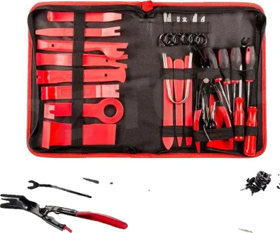 Zdjęcie produktu dla Narzędzie do demontażu wnętrza samochodu, 120 sztuk klipsów mocujących, 11 sztuk narzędzi do demontażu tapicerki, przenośna torba do przechowywania, 38 sztuk w czerwonym pudełku