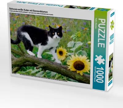 Produktbild von Calvendo Schwarz-weiße Katze mit Sonnenblumen 1000 Teile Puzzle quer 640x480mm, Menden Katho; 7396471