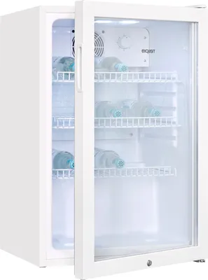 A white refrigerator with its door open, revealing shelves filled with water bottles.