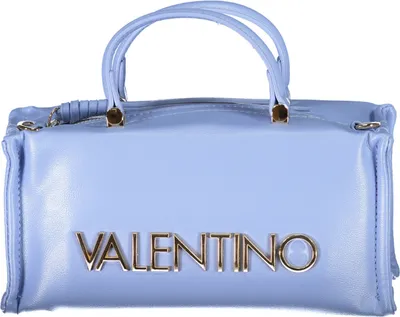 A light blue Valentino handbag with gold lettering on a white background.