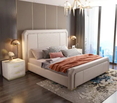Image de Designer Lit double Hôtel Chambre à coucher de luxe 180x200cm Cuir Métal Lits