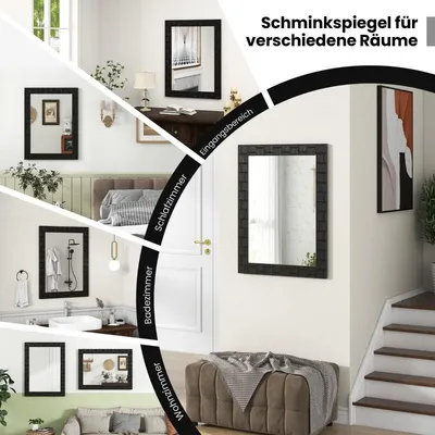 Produktbild von 80 x 60 cm Wandspiegel aus Gummibaumholz mit Massivholzrahmen Badspiegel Kosmetikspiegel Schwarz