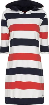 Produktbild von Sea Ranch Damen Sweatshirt-Kleid Ronja im Streifen-Design mit Kapuze - Streifenkleid mit 3/4-Ärmeln in True-Red-Pearl-Navy Größe L