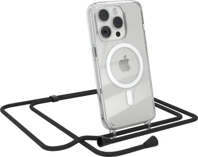 Produktbild von EAZY CASE - Handykette kompatibel mit Apple iPhone 15 Pro Kette zum Umhängen Stoßfest Handyhülle für Apple iPhone 15 Pro Silikon Hülle mit Band Handytasche Transparent als Fallschutz in Schwarz - Clips Schwarz