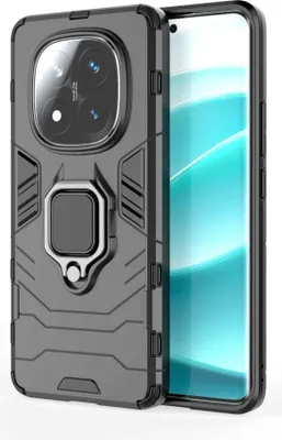A dark gray protective phone case with a built-in ring holder is shown on the left, with the screen of a smartphone visible on the right.