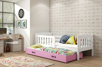 Image de Lit enfant avec lit d'appoint et matelas 90x200 BRIGID - blanc / rose