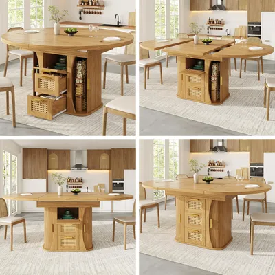 Productafbeelding van Uitschuifbare eettafel, 118–158 × 118 × 77,1 cm, met rietenladen en opbergruimte, gemaakt van MDF en metaal, met een houtlook in zwart, natuurhout en bruin, belastbaar tot 75 kg