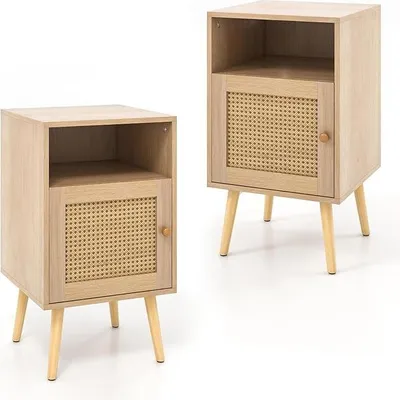 Produktbild von Nachtkommode mit Rattan-Oberfläche, Beistelltisch mit Türschrank und 2 offenen Ablage, stabile Aufbewahrungsschrank mit Anti-Kipp-Vorrichtung, Natur